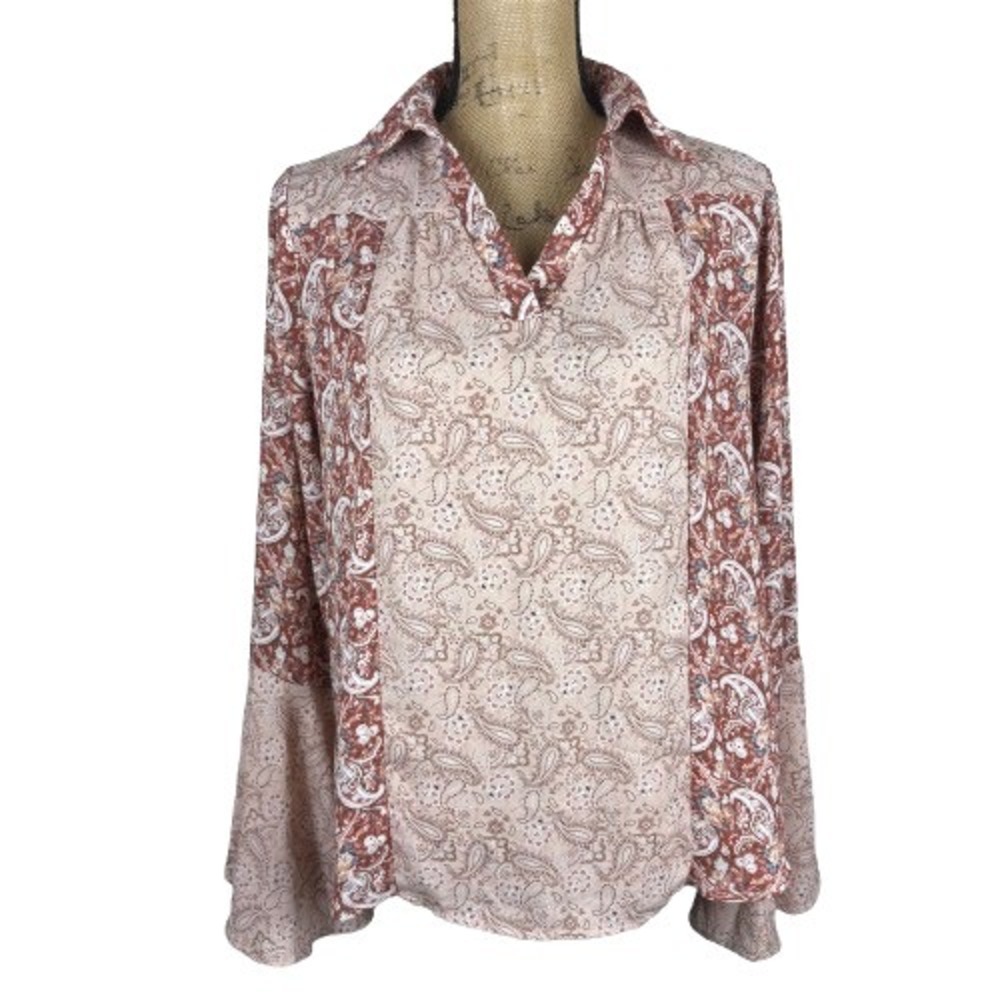Andree By Unit Mixed Paisley Print Bell Sleeve Blouse Popover Top Size Medium